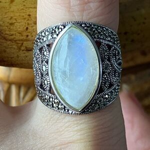 Rainbow Moonstone Marcasite Sterling Silver Ring Size 7